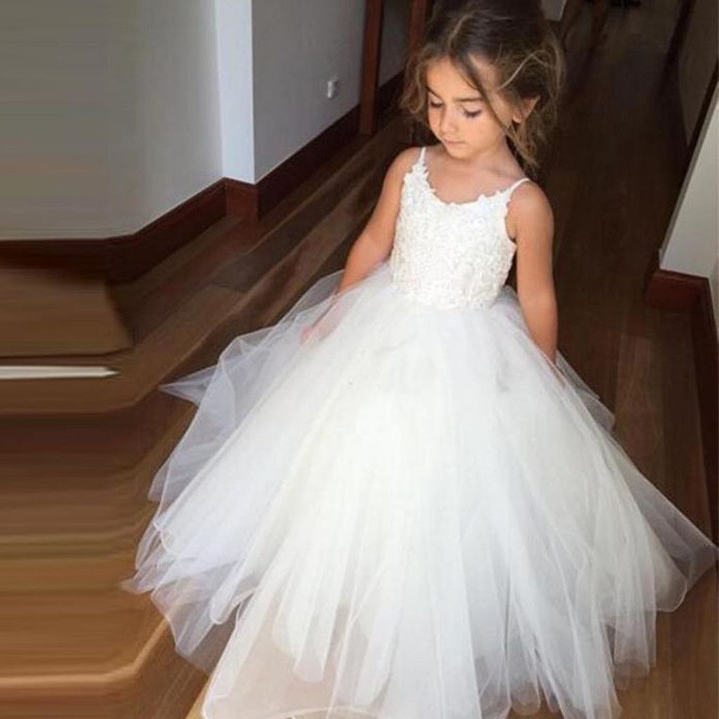 Spaghetti Lace Top Ivory Tulle Flower Girl Dresses