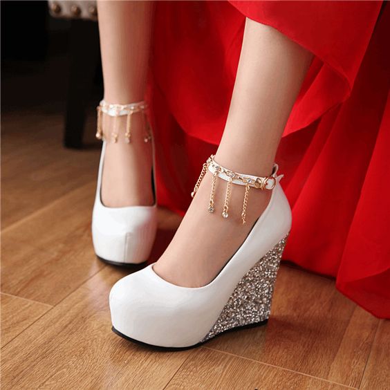 white wedges with ribbon tie