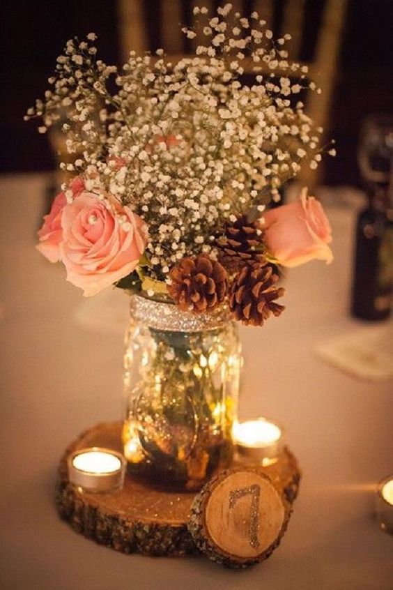 Rustic fall wedding centerpices with baby's breath