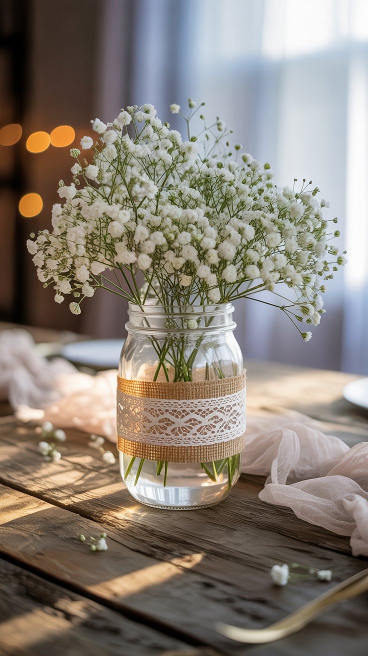 Baby’s Breath Mason Jar Centerpieces
