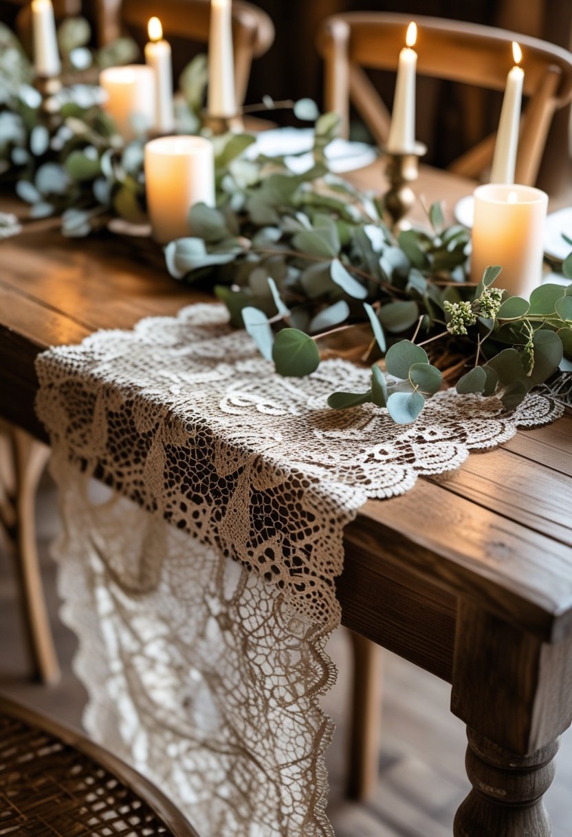 burlap lace table runner rustic table setting eucalyptus candles